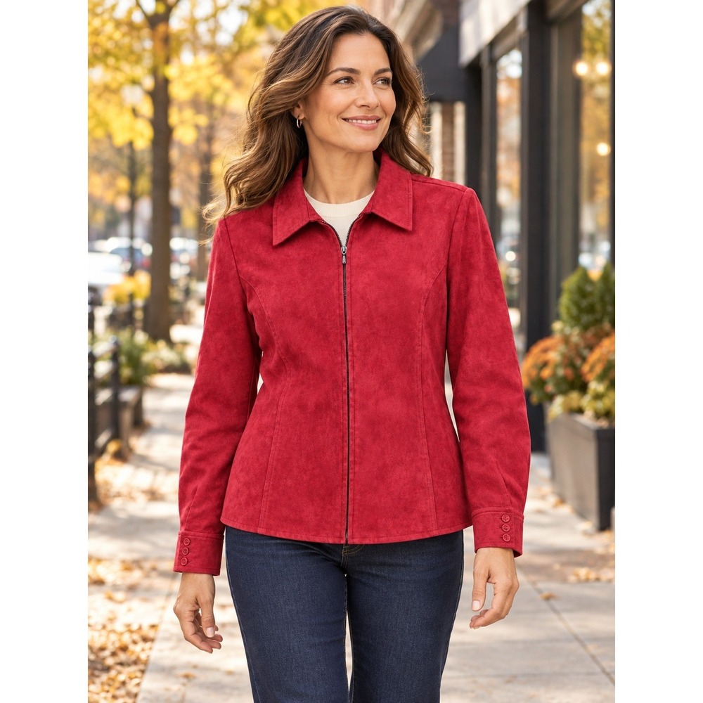 Croft & Barrow Full Zip Faux Suede Shirt Jacket Size Large Red Polished Layer